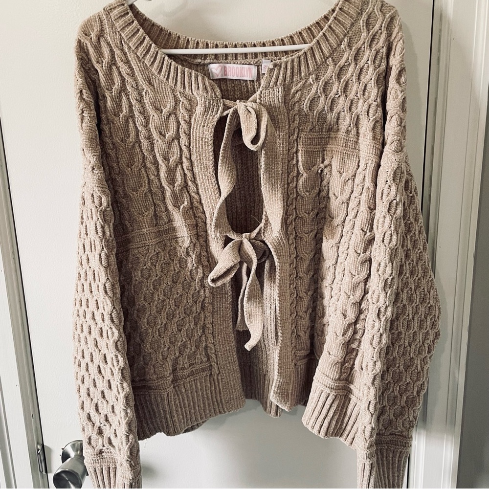 Trendy Tie-Front Cable Knit Cardigan Sweater Tan Size 2X